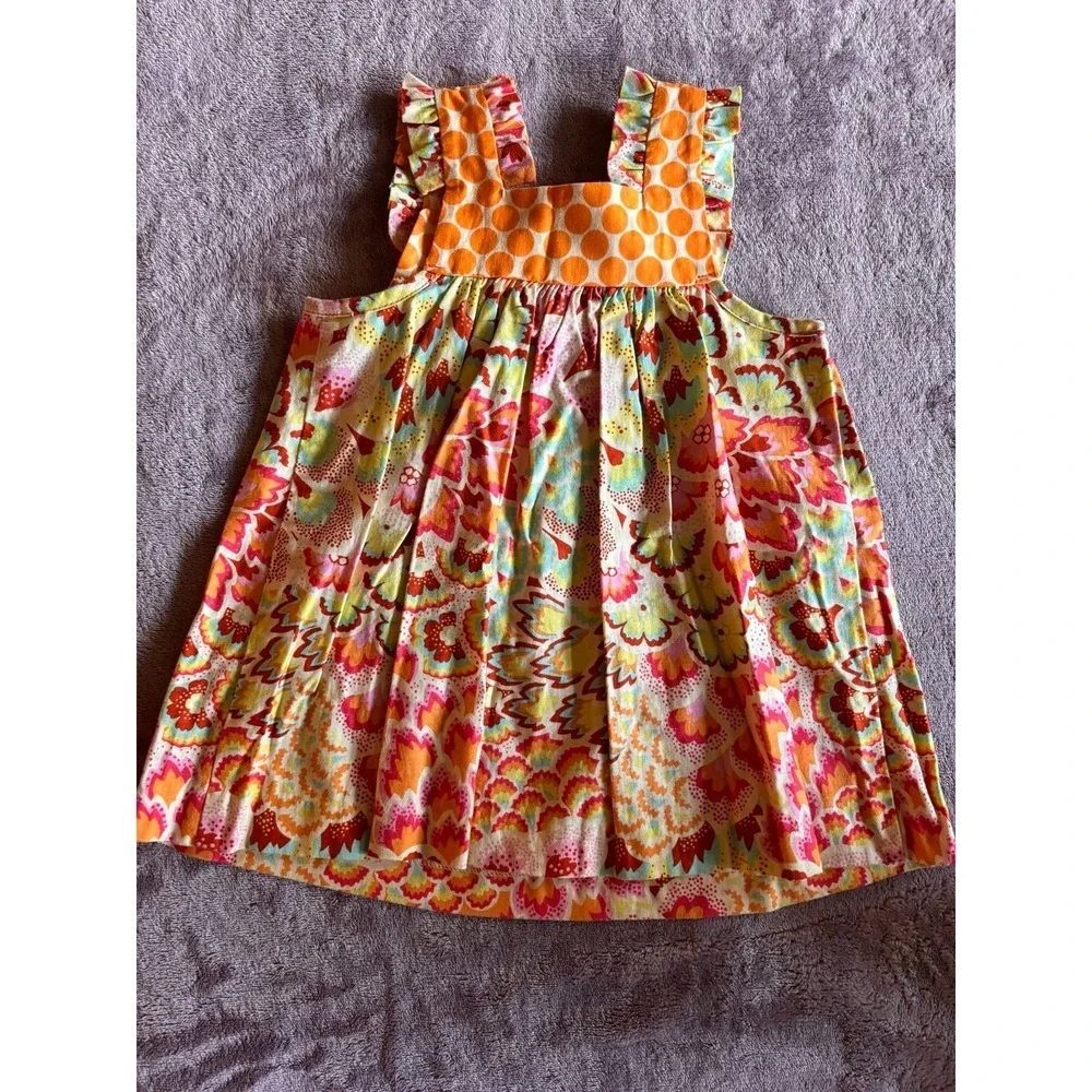 Peaches n Cream Girls Floral Polka Dot Ruffle Tunic Dress Orange Yellow 25-1405